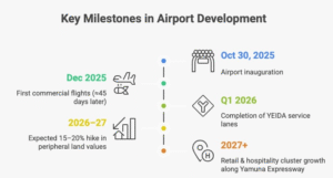 Infographic showing Jewar Airport timeline and rising demand for farmhouse plots in Noida.