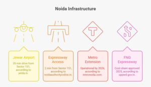 Map showing airport, metro and expressway connectivity to best farmland in Sector 151 Noid