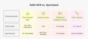 Infographic comparing Delhi-NCR pollution with green Farmhouse in Noida showing AQI and greenery difference