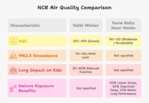 Infographic showing Delhi vs. farmhouse AQI levels, health statistics, WHO limits, and benefits of clean air farmhouse near Delhi.