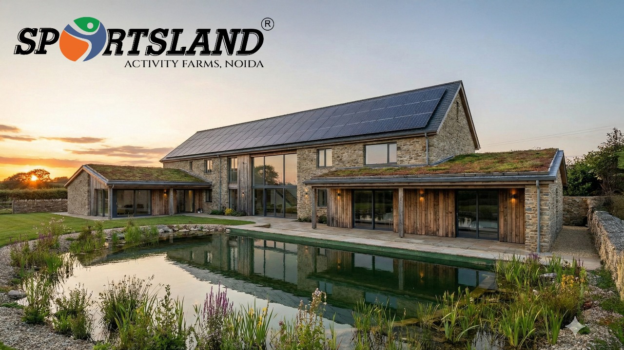 Banner showing green open farmland and peaceful living to represent the benefits of owning a sustainable farmhouse in Noida Sector 151.