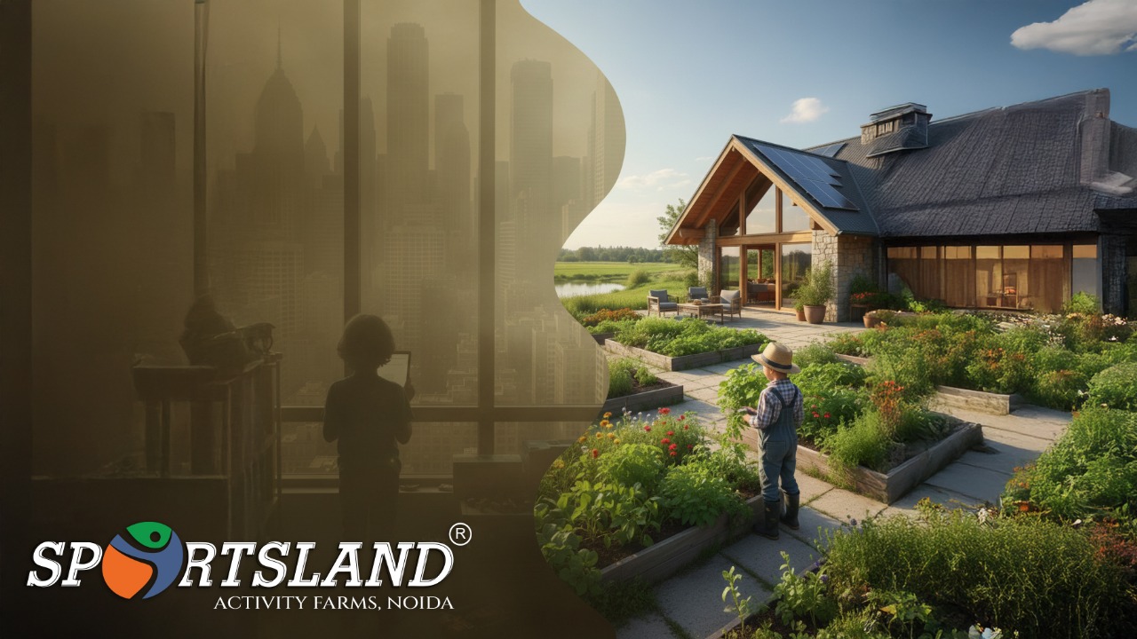 Banner showing children playing in green open spaces at a sustainable farmhouse in Noida Sector 151 with clean air and natural surroundings