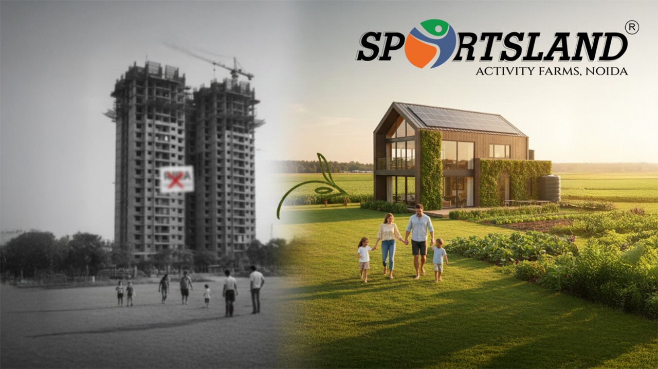 Sustainable farmhouse in Noida Sector 151 compared with high-density flats in Delhi-NCR, highlighting real ownership, open green living, and possession certainty for families.