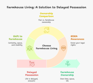 Infographic comparing delayed possession of flats in Delhi-NCR under RERA with real land ownership, explaining why families prefer a sustainable farmhouse in Noida Sector 151 for certainty, low-density living, and healthier family lifestyles.