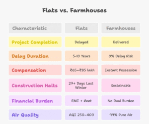 Infographic comparing delayed flats in Delhi-NCR with the instant possession benefits of a sustainable farmhouse in Noida Sector 151, highlighting 9-year delays, compensation cases, pollution bans, dual burden of EMI + rent, and 99% clean air at Sportsland.