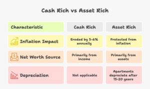 Infographic showing why most Indians are cash rich but asset poor, comparing cash, flats, and land ownership, and explaining how a gated farmhouse community in Noida helps convert income into long-term appreciating assets.