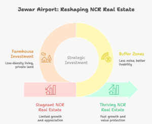 Infographic showing Jewar Airport 2026 development, government infrastructure plans, global airport-led real estate growth, and why farmhouse investment near Jewar Airport in Sector 151 Noida offers long-term value through low-density living and residential buffer zoning.