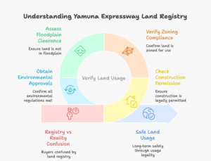 Infographic explaining yamuna expressway land registry legal status, showing the difference between land ownership registry and actual zoning and usage legality.