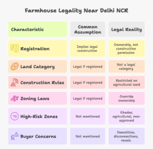 Infographic explaining farmhouse legality near Delhi NCR, including zoning laws, Khadar land risks, and why buyers now prefer the safest land investment near Delhi NCR over farmhouse properties