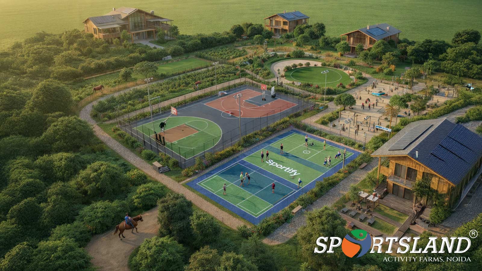 Aerial view of sustainable farmhouses in Sector 151 Noida showcasing open green landscapes, Sportify-style outdoor sports courts, walking tracks, and wellness-focused community spaces.