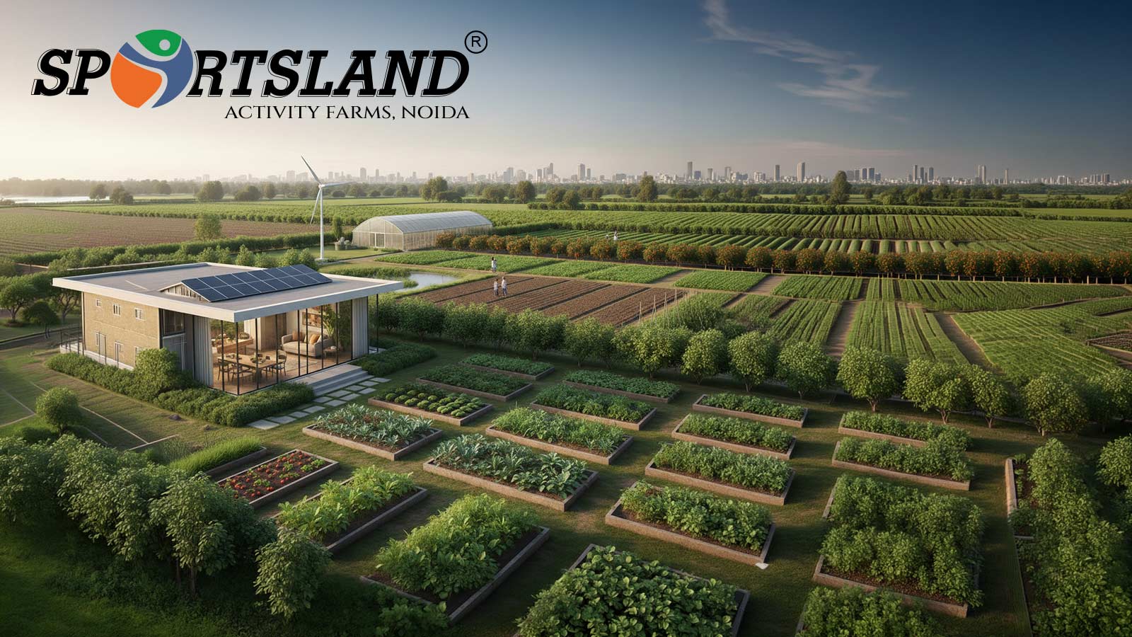 Lush backyard garden showcasing organic farming in Noida with seasonal vegetables, compost setup, and green open space under natural sunlight.
