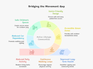 Infographic explaining the movement gap in urban living and how active lifestyle communities near Noida support walkability, green spaces, and daily physical activity through better residential design.