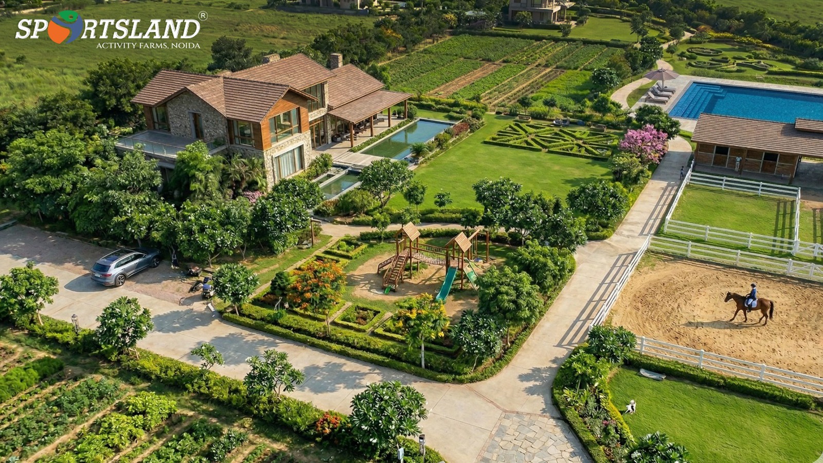 Farmhouse in Sector 151 Noida surrounded by greenery showcasing low-density living, open landscapes, and premium farmhouse lifestyle near Noida Expressway.