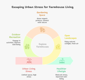 Infographic comparing urban high-rise living and land-based lifestyles, explaining why many families are exploring the best farmhouses in Noida for healthier environments, open space, and greener living.