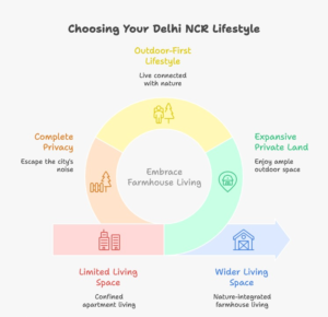 Comparison infographic showing apartment living vs best farmhouse in Delhi NCR highlighting space, privacy, lifestyle, and green living benefits