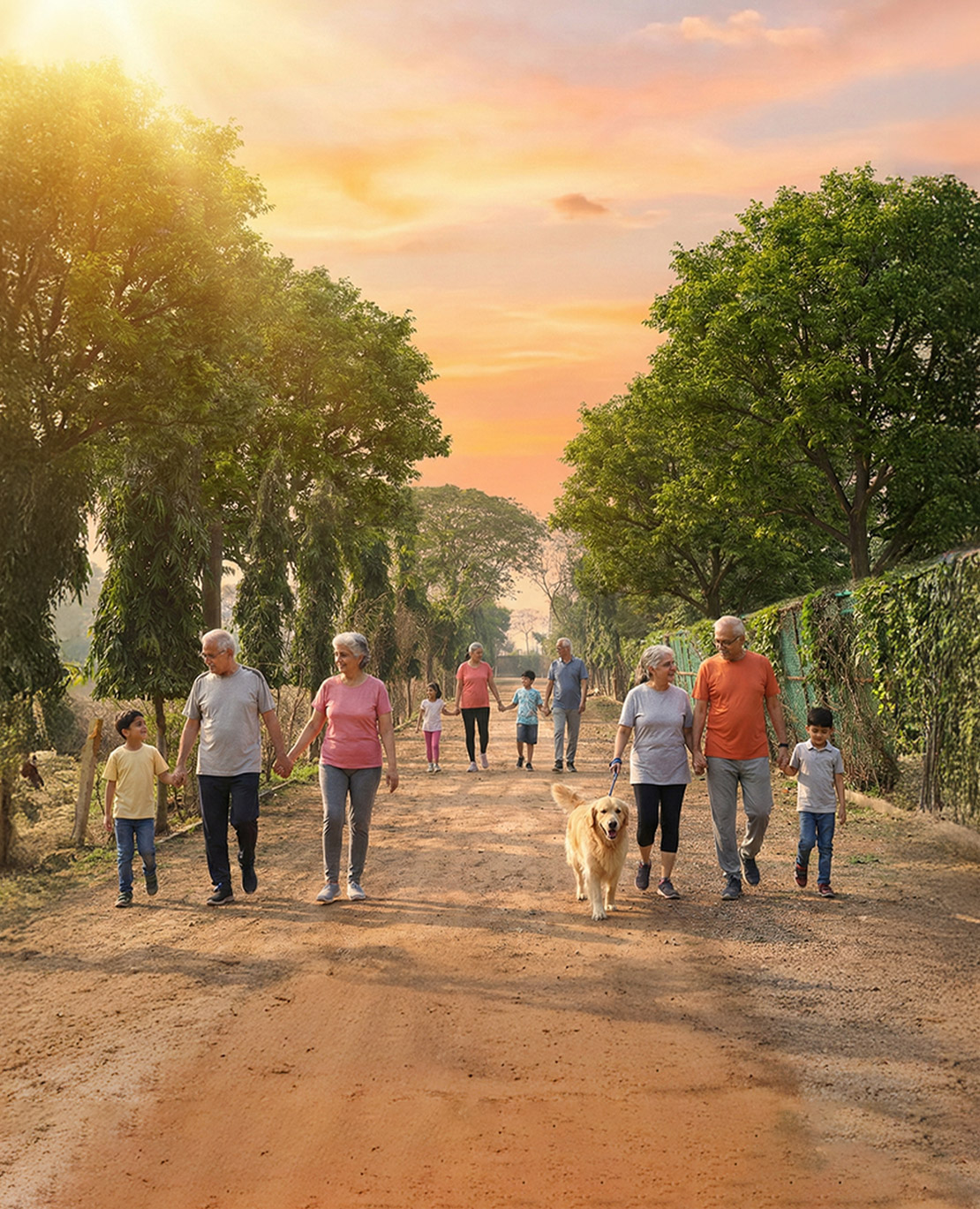 Woman running in lush green park during golden hour
