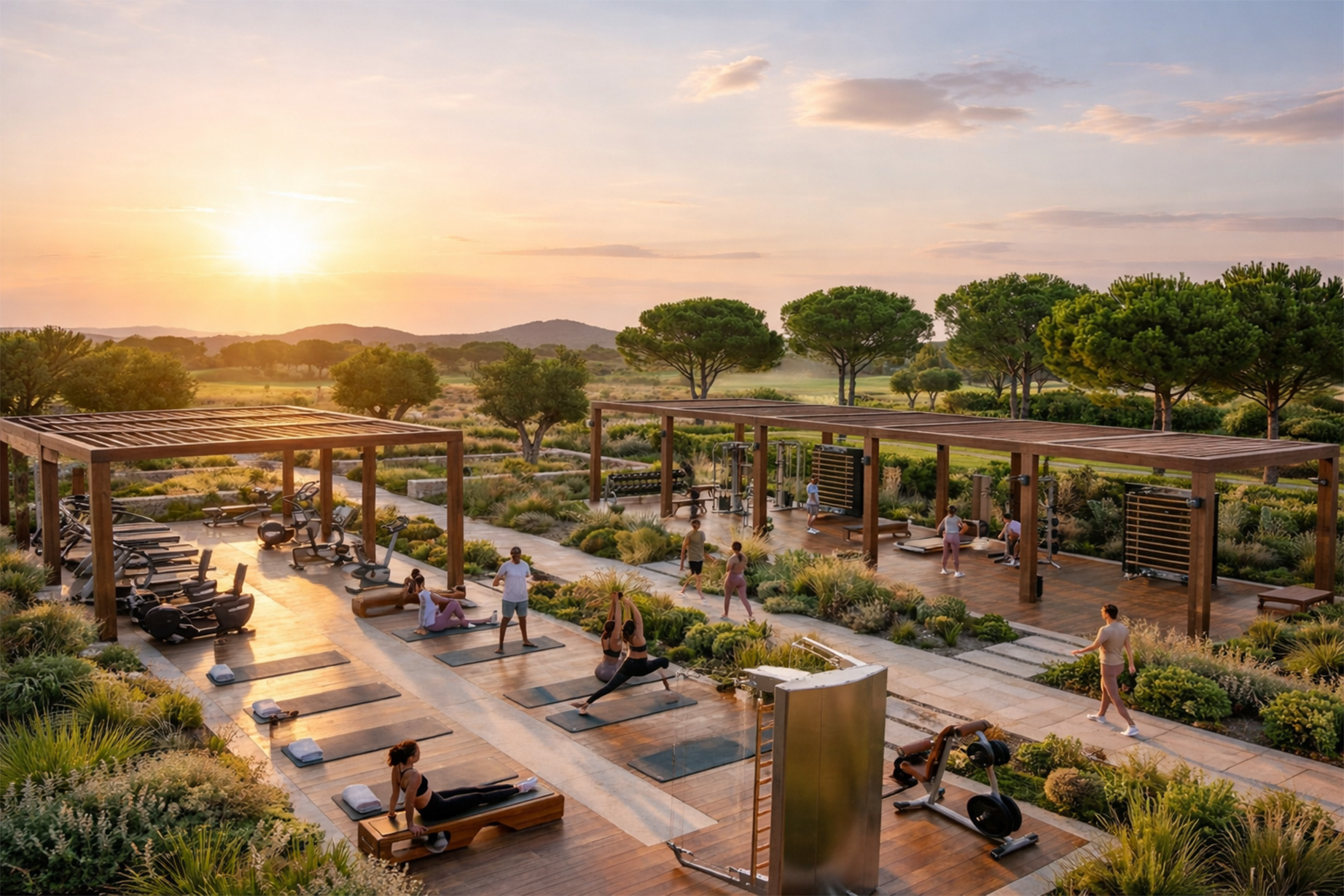 Group of diverse women practicing yoga outdoors on grass in peaceful nature setting
