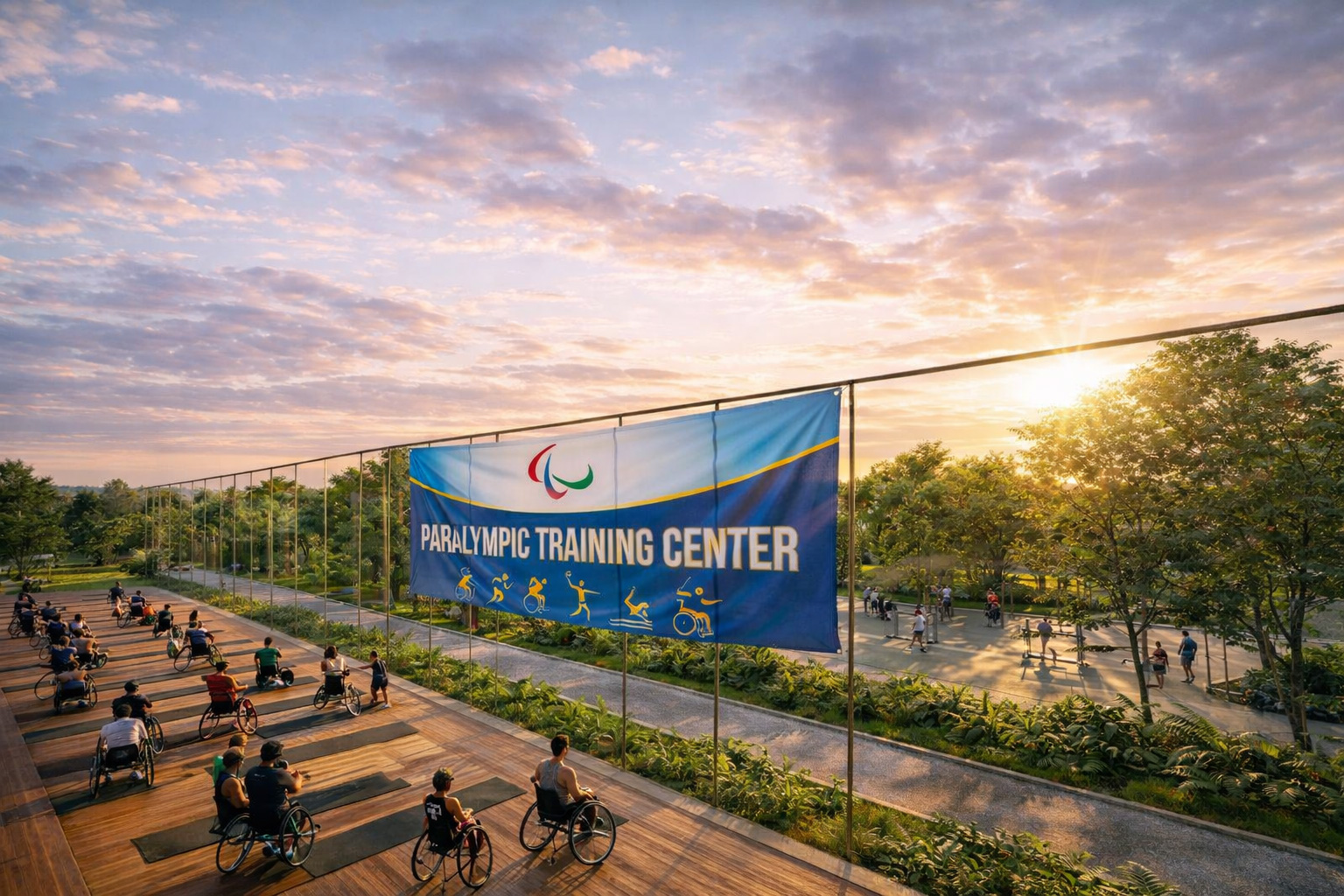 Para-athletes training in wheelchair basketball on accessible court, showcasing inclusive sports